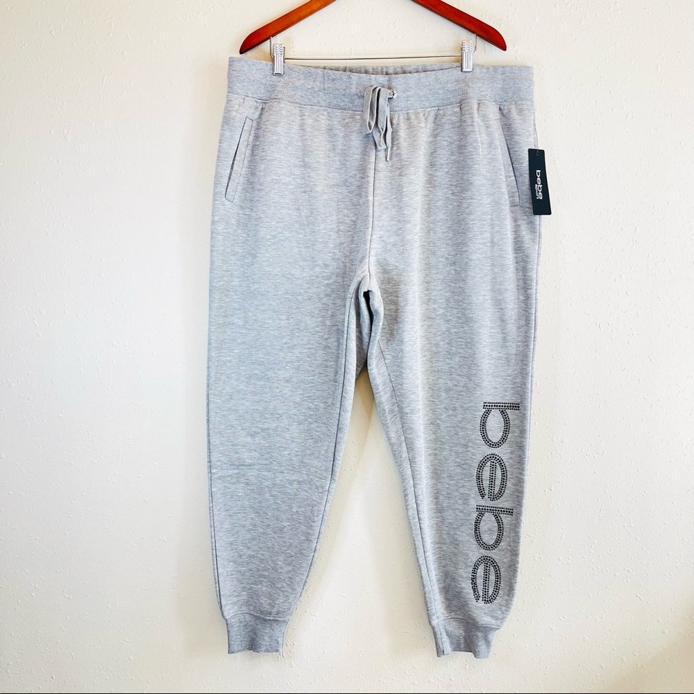 BEBE Sport Rhinestud Logo Fleece Plus Size Heather Grey Joggers Size 3X NWT